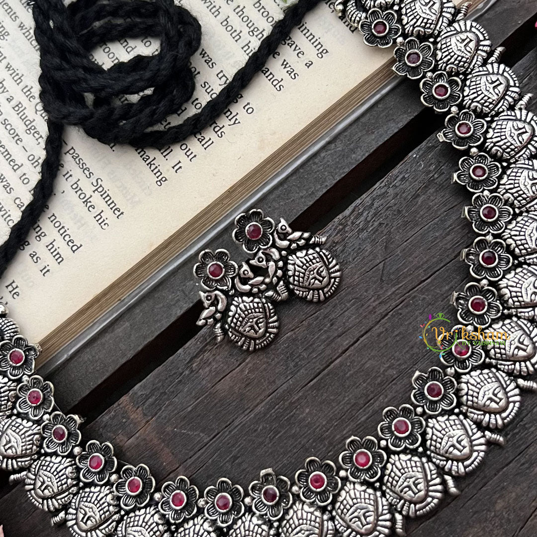 Vriksham Antique Lakshmi Mukh & Floral Oxidized Silver Neckpiece-Red-S913
