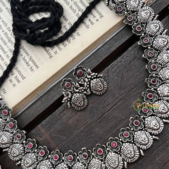 Vriksham Antique Lakshmi Mukh & Floral Oxidized Silver Neckpiece-Red-S913