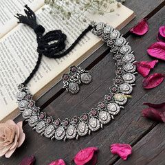 Vriksham Antique Lakshmi Mukh & Floral Oxidized Silver Neckpiece-Red-S913