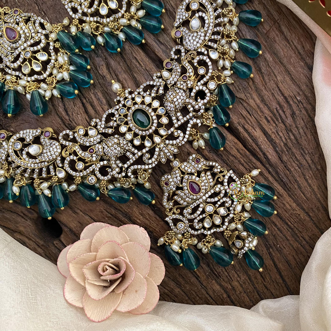 Green Victorian Diamond Short Neckpiece-Green Bead -VV1179