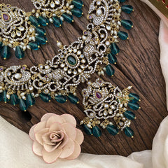 Green Victorian Diamond Short Neckpiece-Green Bead -VV1179