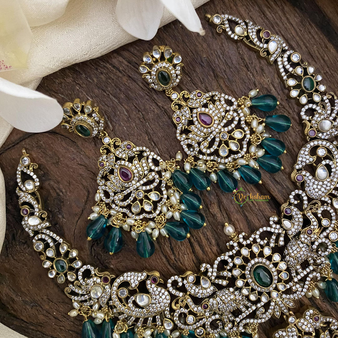 Green Victorian Diamond Short Neckpiece-Green Bead -VV1179