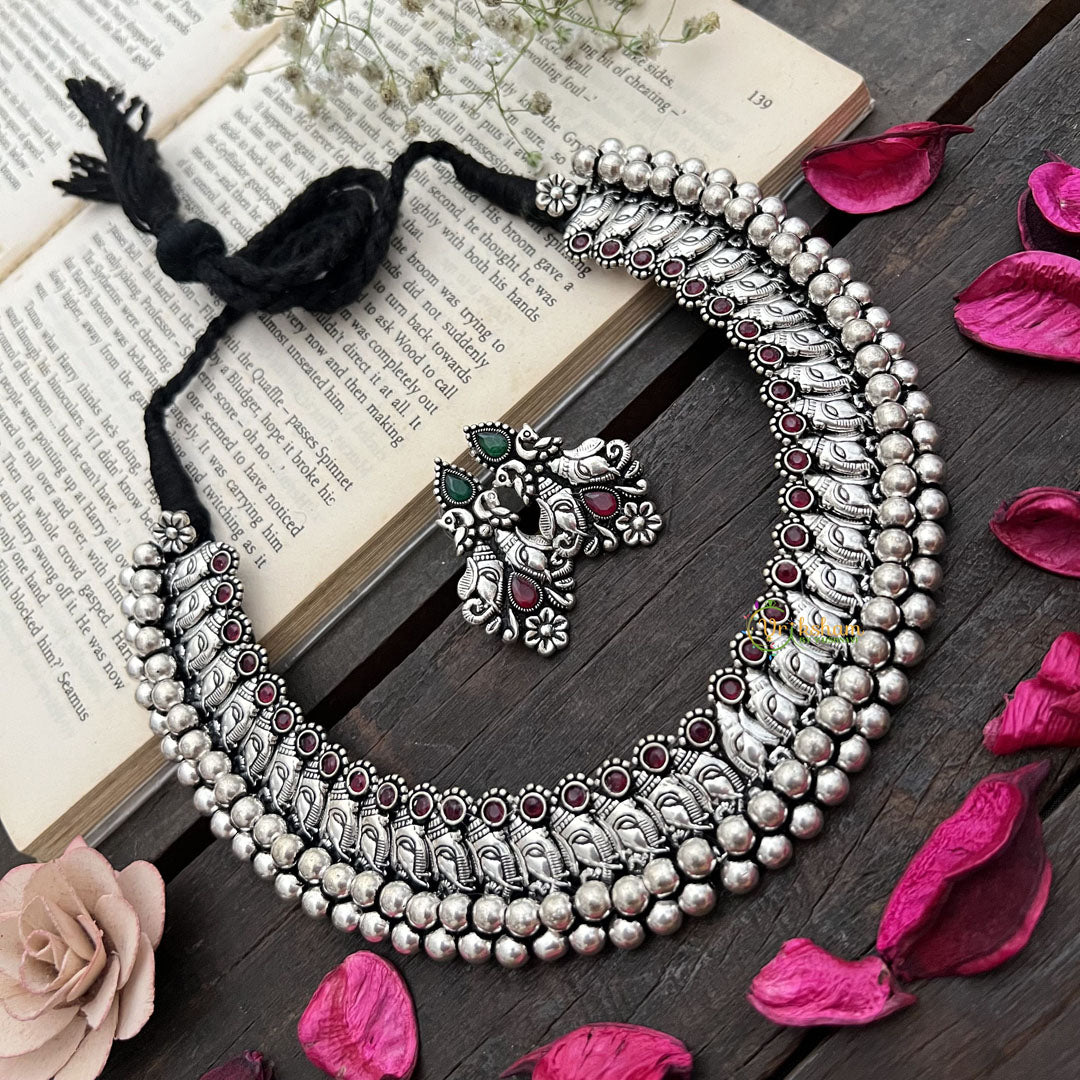 Vriksham Oxidized Silver Ganesha Choker Neckpiece-Red Green-S915