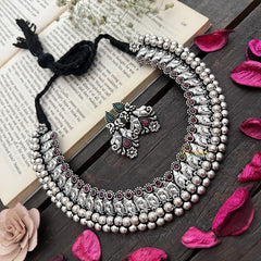 Vriksham Oxidized Silver Ganesha Choker Neckpiece-Red Green-S915