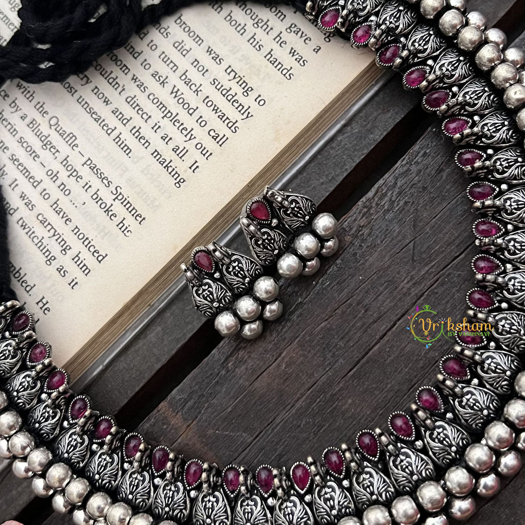 Vriksham Artisan Intricate Motifs & Red Stone Inlay Oxidized Silver Necckpiece-Red-S916