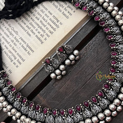 Vriksham Artisan Intricate Motifs & Red Stone Inlay Oxidized Silver Necckpiece-Red-S916