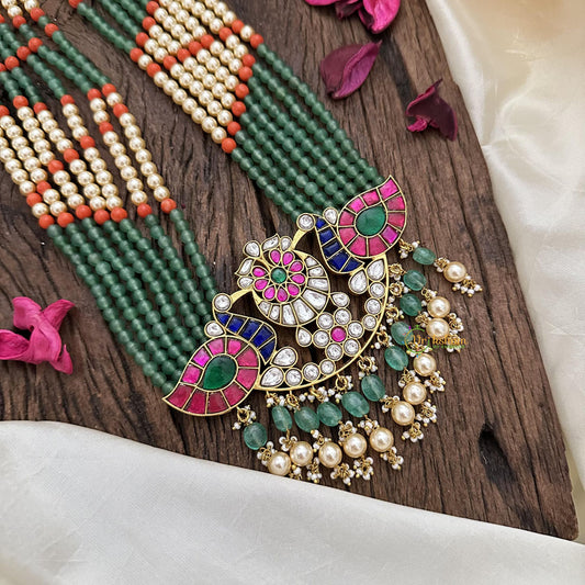 7 Layered Beaded Dual Peacock Jadau Kundan Mala-J2514