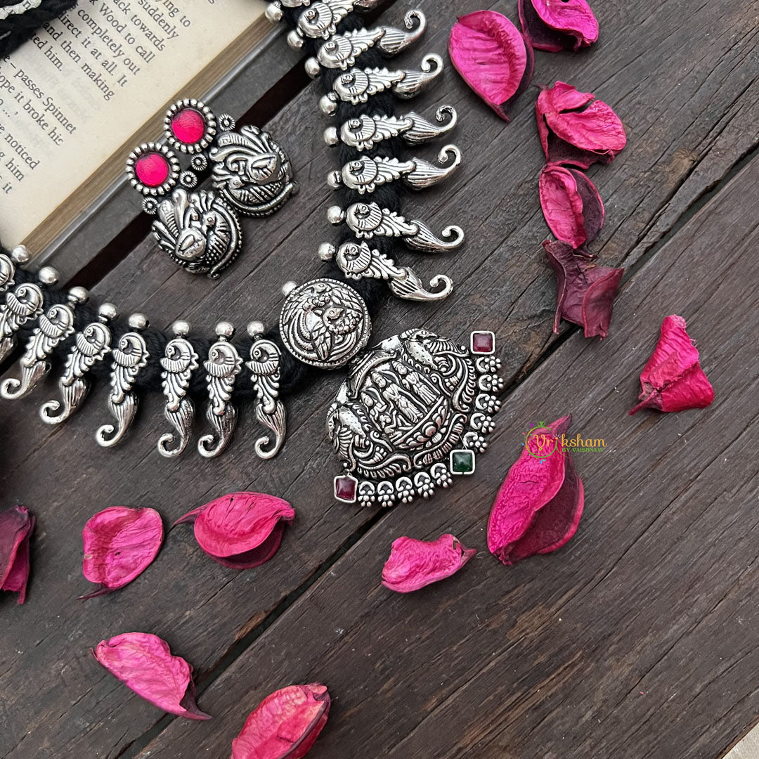 Vriksham Divine Ram Parivar Pendant Necklace in Oxidized Silver Neckpiece-Red Green-S923