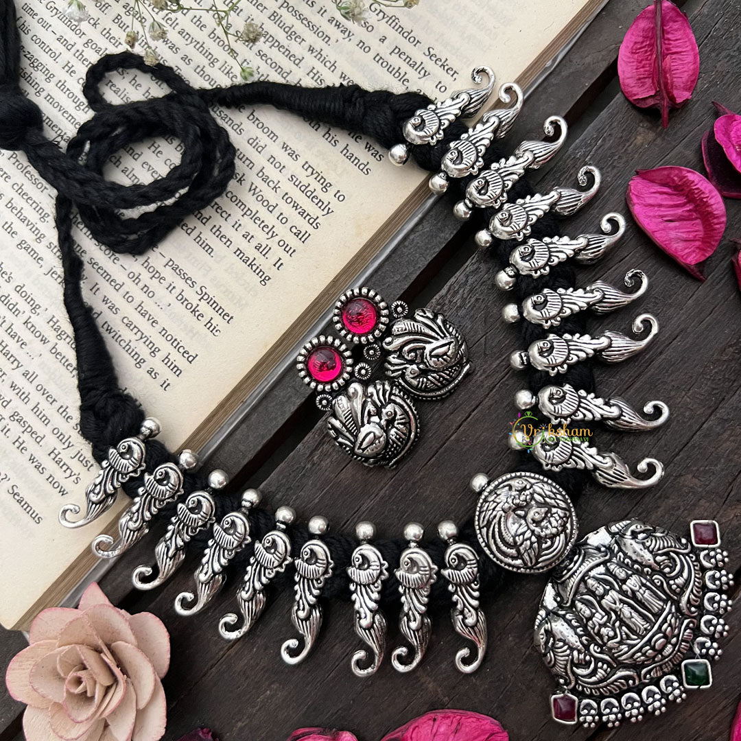 Vriksham Divine Ram Parivar Pendant Necklace in Oxidized Silver Neckpiece-Red Green-S923