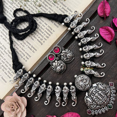 Vriksham Divine Ram Parivar Pendant Necklace in Oxidized Silver Neckpiece-Red Green-S923