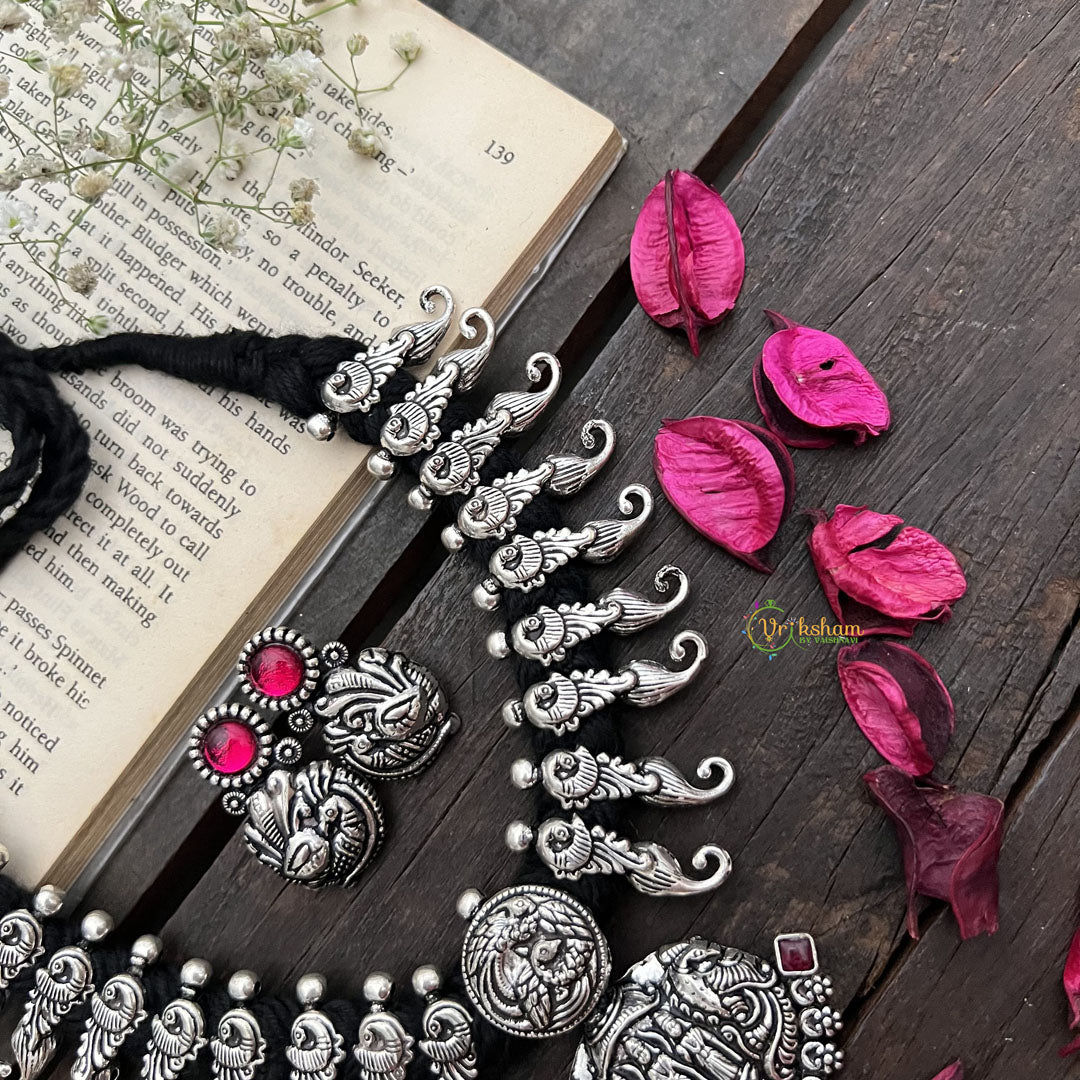 Vriksham Divine Ram Parivar Pendant Necklace in Oxidized Silver Neckpiece-Red Green-S923