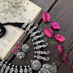 Vriksham Divine Ram Parivar Pendant Necklace in Oxidized Silver Neckpiece-Red Green-S923