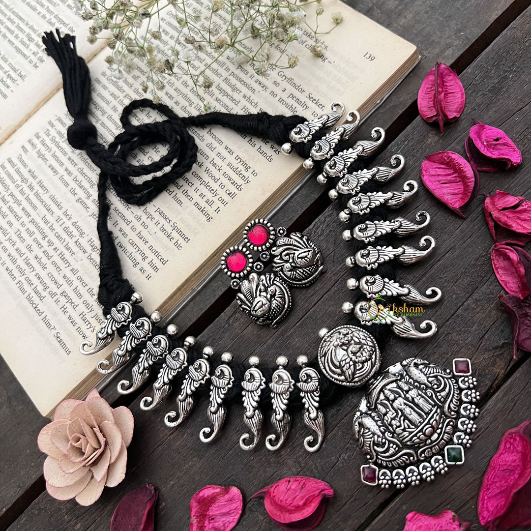 Vriksham Divine Ram Parivar Pendant Necklace in Oxidized Silver Neckpiece-Red Green-S923