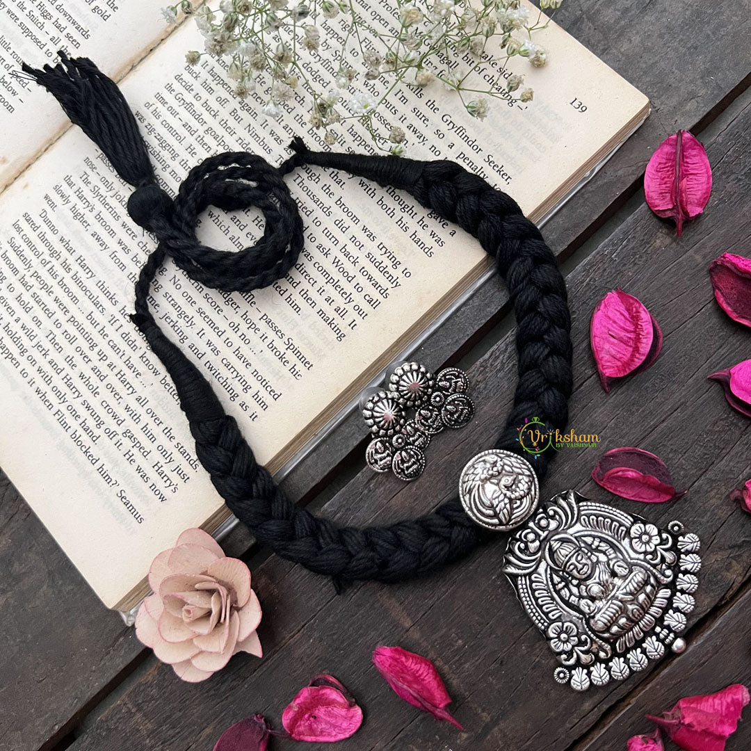 Vriksham Goddess Lakshmi Oxidized Silver Pendant On Black Thread Neckpiece-S925
