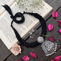 Vriksham Goddess Lakshmi Oxidized Silver Pendant On Black Thread Neckpiece-S925