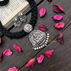 Vriksham Goddess Lakshmi Oxidized Silver Pendant On Black Thread Neckpiece-S925