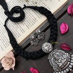 Vriksham Goddess Lakshmi Oxidized Silver Pendant On Black Thread Neckpiece-S925