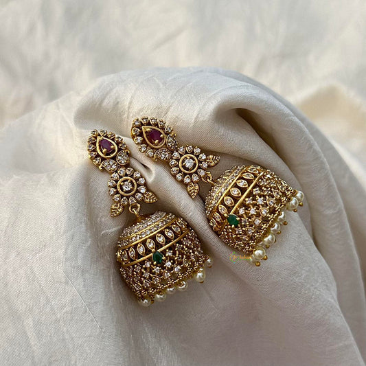 Unique Gold Look Alike AD Stone Jhumkas-Pearl-G12573