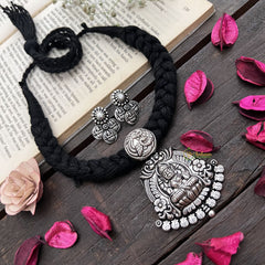 Vriksham Goddess Lakshmi Oxidized Silver Pendant On Black Thread Neckpiece-S925
