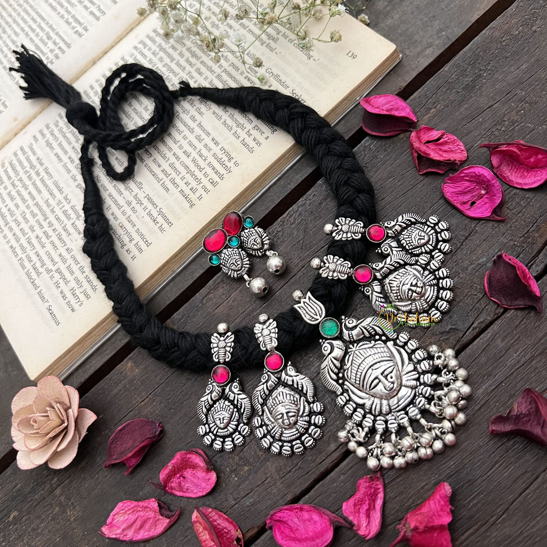 Vriksham Temple Jewelry Style Lakshmi Pendant With Braided Black Thread Thread Neckpiece-S926