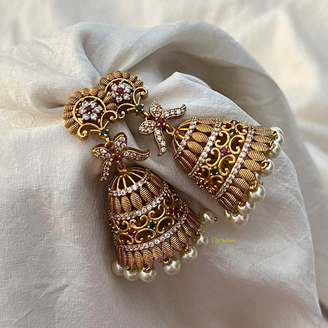 Premium Gold Alike AD Stone Jhumkas-Pearl-G12575