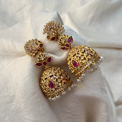 Premium Peacock AD Stone Jhumkas-Red-Pearls-G12553