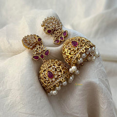 Premium Peacock AD Stone Jhumkas-Red-Pearls-G12553