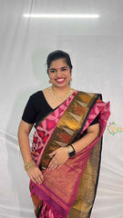 Vriksham Handwoven Pochampally Bold Pink & Earthy Brown Contrast With Tribal Motifs Ikkat Silk-Cotton Saree-VS4741