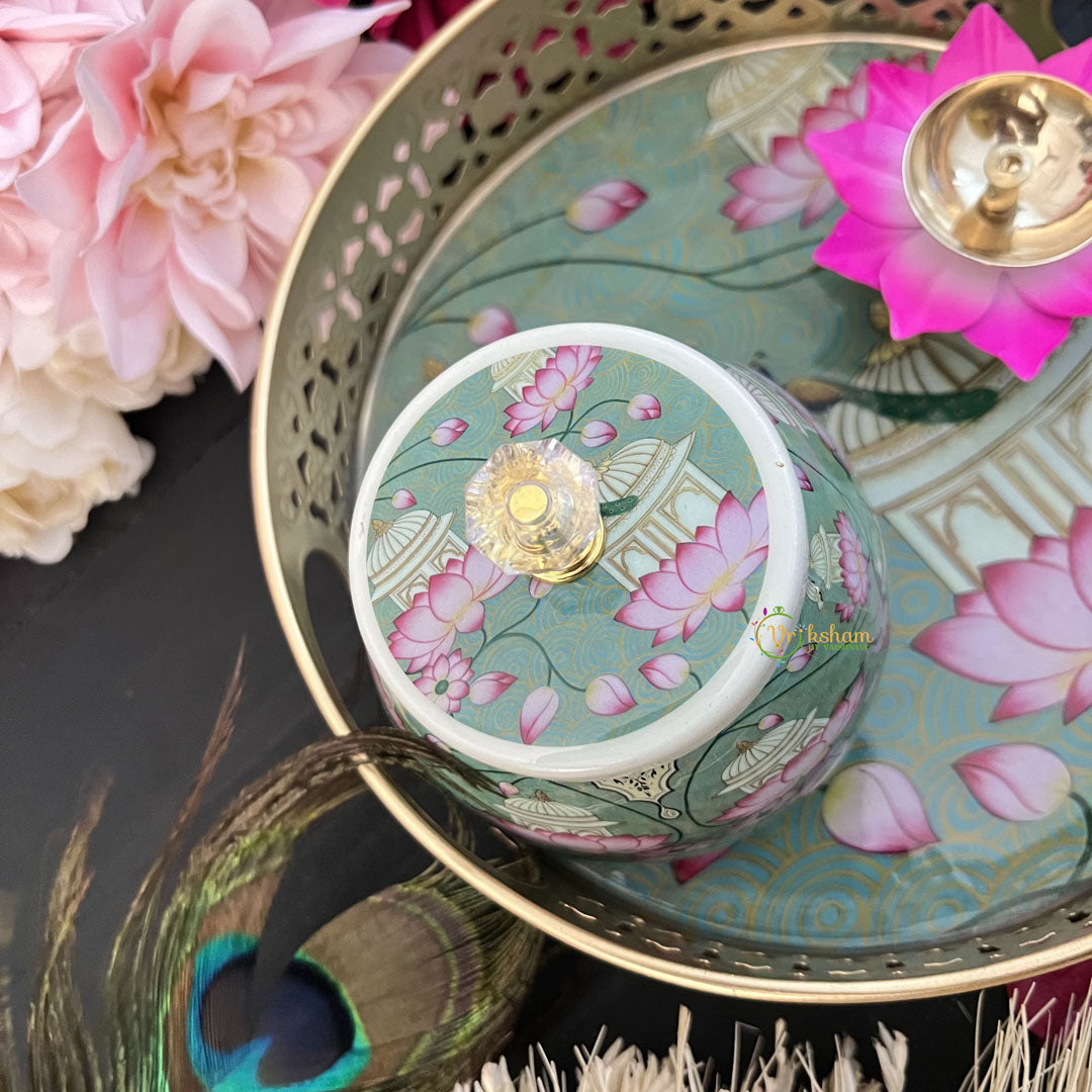 Vriksham Peacock With Lotus Floral Designs Metal Pichwai  Basket With Jar & Diya-RG269