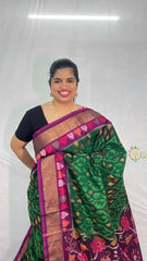 Vriksham Handwoven Pochampally Green & Deep Purple With Diamond & Multi-Arrow Motifs Ikkat Silk-Cotton Saree-VS4738