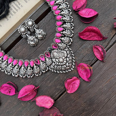 Vriksham Ganesha Motif Oxidized Silver Necklace With Pink Teardrop Stones Neckpiece-Green-S930