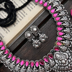 Vriksham Ganesha Motif Oxidized Silver Necklace With Pink Teardrop Stones Neckpiece-Green-S930