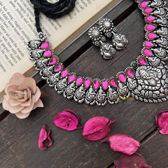 Vriksham Ganesha Motif Oxidized Silver Necklace With Pink Teardrop Stones Neckpiece-Green-S930
