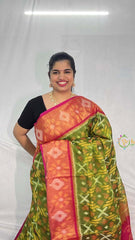 Vriksham Handwoven Pochampally Olive Green & Terracotta With Floral Burst Motifs Ikkat Silk-Cotton Saree-VS4735