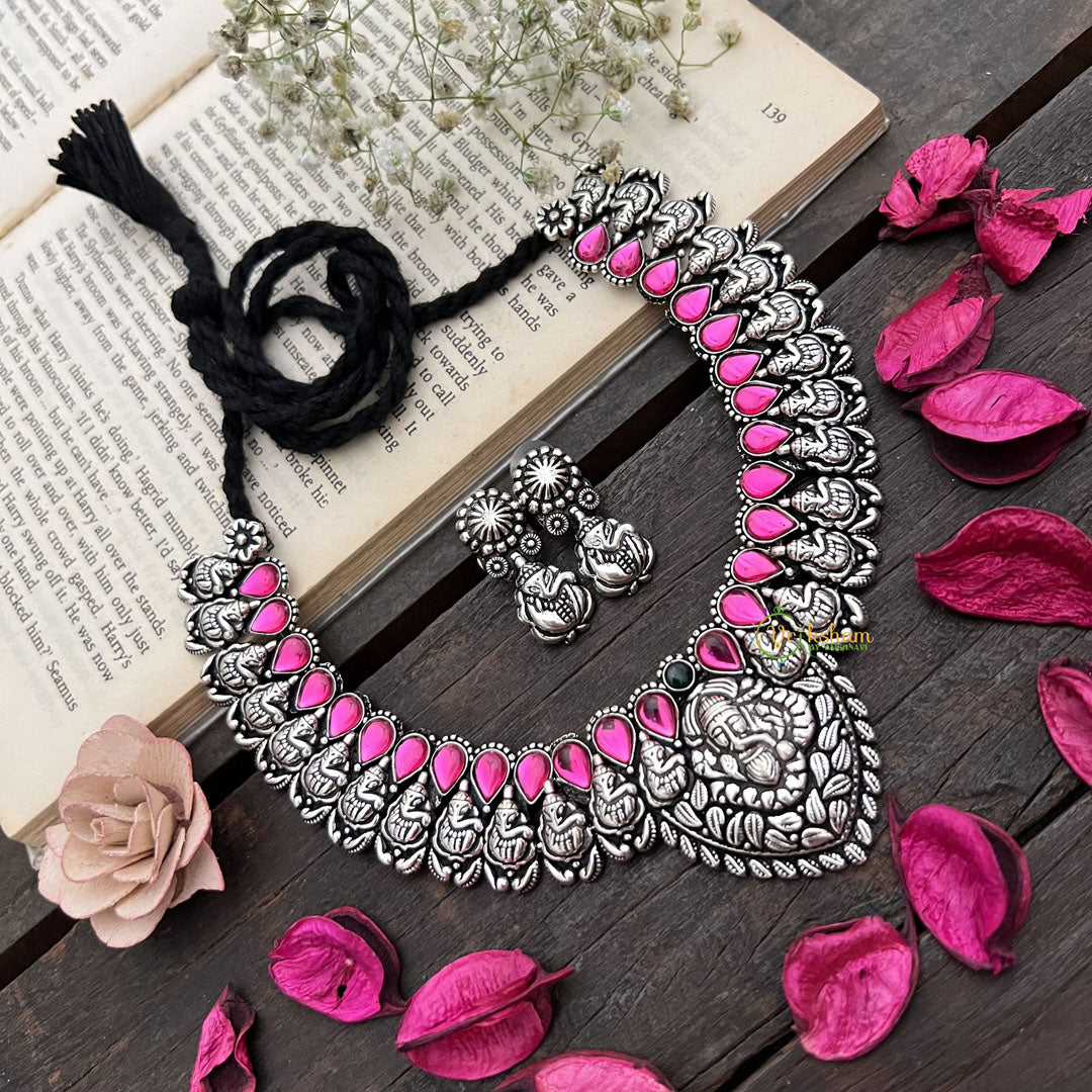 Vriksham Ganesha Motif Oxidized Silver Necklace With Pink Teardrop Stones Neckpiece-Green-S930