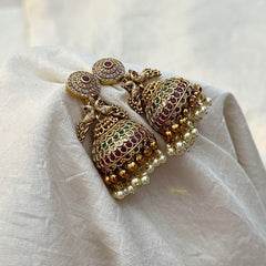 Dual Peacock AD Stone Jhumkas-Red Green-Pearls-G12558