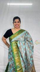 Vriksham Handwoven Pochampally Pastel Sky Blue & Olive Green Ikkat Silk-Cotton Saree-VS4739