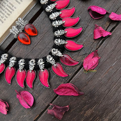 Vriksham Fiery Pink Flame Drop Oxidized Silver Neckpiece-S931