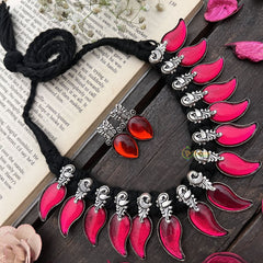 Vriksham Fiery Pink Flame Drop Oxidized Silver Neckpiece-S931