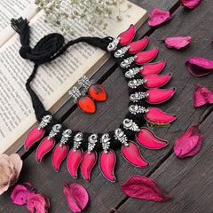 Vriksham Fiery Pink Flame Drop Oxidized Silver Neckpiece-S931