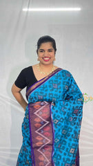 Vriksham Handwoven Pochampally Royal Blue & Plum Chevron & Diamond Motif Ikkat Silk-Cotton Saree-VS4728