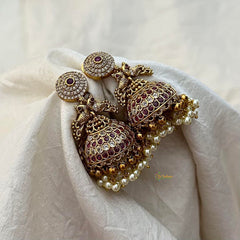 Dual Peacock AD Stone Jhumkas-Red-Pearls-G12557