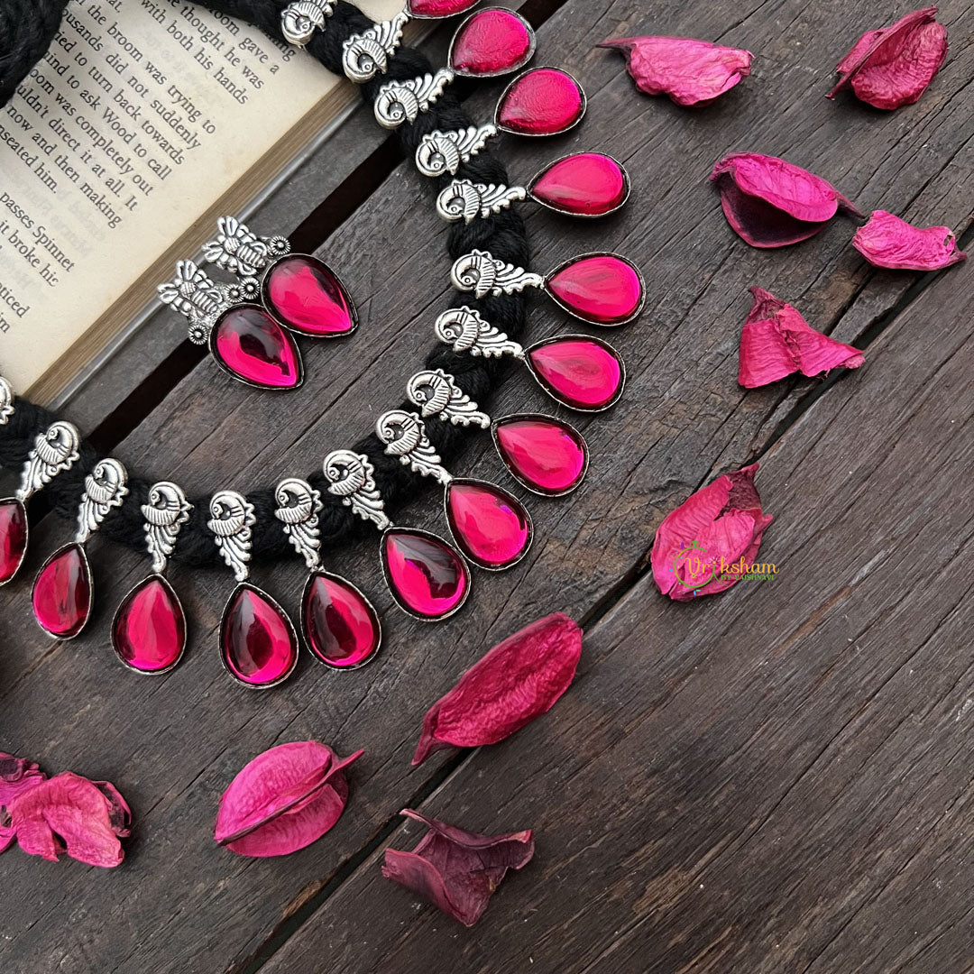 Vriksham Teardrop Radiance Glossy Pink Enamel Oxidized Silver Neckpiece-S932