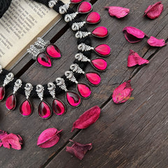 Vriksham Teardrop Radiance Glossy Pink Enamel Oxidized Silver Neckpiece-S932