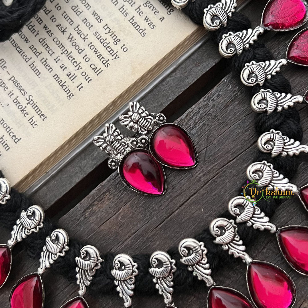 Vriksham Teardrop Radiance Glossy Pink Enamel Oxidized Silver Neckpiece-S932