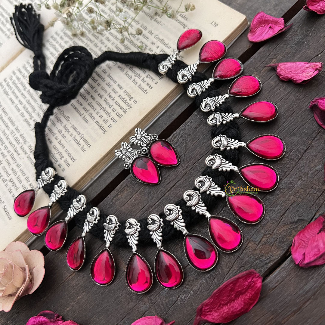 Vriksham Teardrop Radiance Glossy Pink Enamel Oxidized Silver Neckpiece-S932