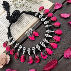 Vriksham Teardrop Radiance Glossy Pink Enamel Oxidized Silver Neckpiece-S932