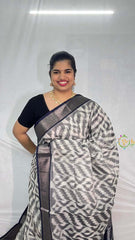 Vriksham Handwoven Pochampally Grey & Off White Zigzag Ikkat Silk-Cotton Saree-VS4733
