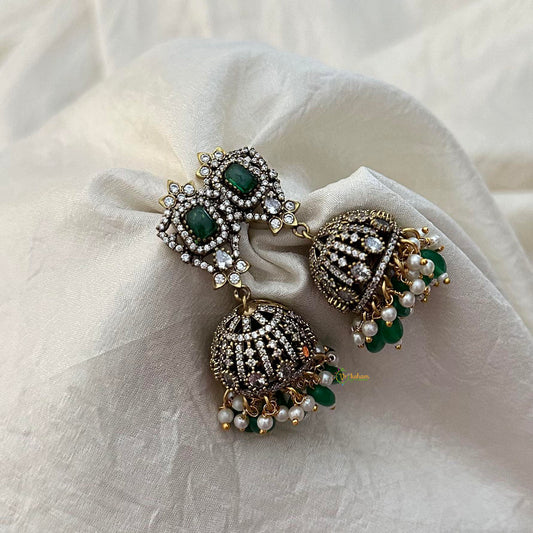 Green Victorian Diamond Jhumkas-Pearls & Beads-VV1593