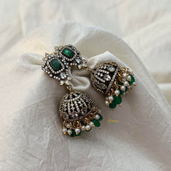 Green Victorian Diamond Jhumkas-Pearls & Beads-VV1593